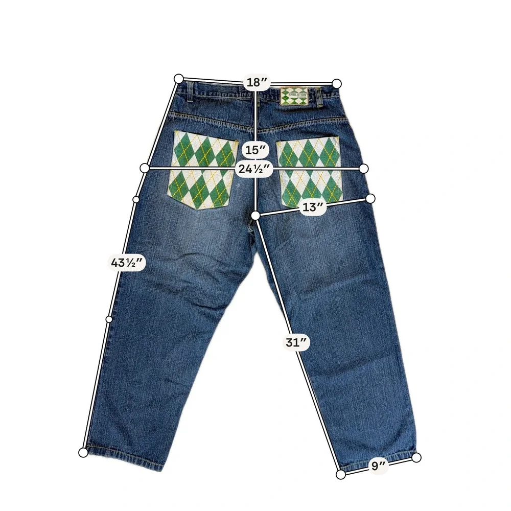 Evolution Design Men Baggy Argyle Pocket Jeans Blue Denim 38x32 Y2K Streetwear